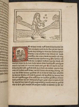 Figur (Der achte vend): (Würfel-)Spieler (Verschwender),mit Würfeln und Gürtelfässchen als Attribut; D-Initiale