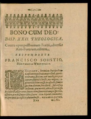 Disp. XXII. Theologica, ... Respondente Francisco Sohstio, Hervordia-Westphalo.