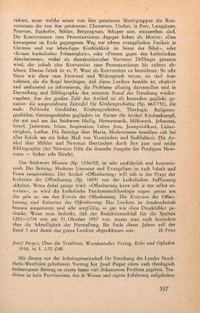 357-358 [Rezension] Pieper, Josef, Über die Tradition