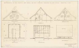 Garten Fraenkel, Berlin-Kladow: Geflügelhaus Garten Fraenkel, Vorderansicht, Querschnitt, Rückansicht, Grundriss, Längsschnitt und Seitenansicht 1:50, Vermerk