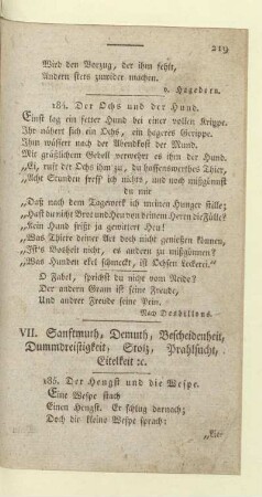 VII. Sanftmuth, Demuth, Bescheidenheit, Dummdreistigkeit, Stolz, Prahlsucht, Eitelkeit ic