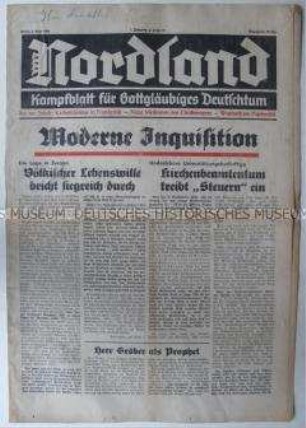 Völkisch-religiöse Wochenzeitung (?) "Nordland" u.a. über den Katholizismus in Frankreich