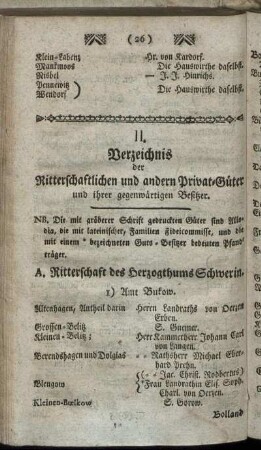 II. Verzeichnis der Ritterschaftlichen und andern Privat-Güter und ihrer gegenwärtigen Besitzer