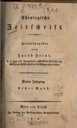 Theologische Zeitschrift. 3,1, 3,1. 1815