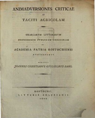 Animadversiones criticae in Taciti Agricolam