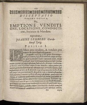 Disceptatio Decima Octava. De Emptione, Venditione, Locatione, Conductione, Societate & Mandato.