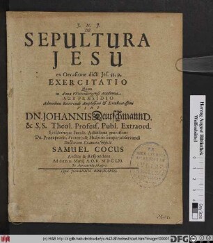 De Sepultura Jesu ex Occasione dicti Jes. 53. 9. Exercitatio