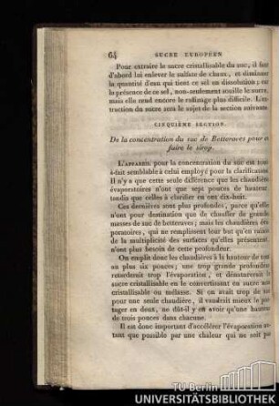 Cinquième Section. De la concentration du suc de Betteraves pour en faire le sirop
