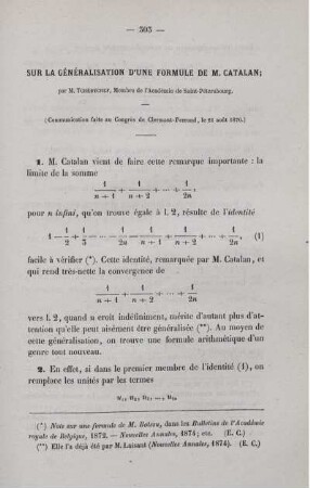 Sur la généralisation d´une formule de M. Catalan.