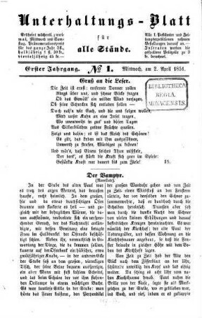 Unterhaltungs-Blatt für alle Stände. 1. 1851