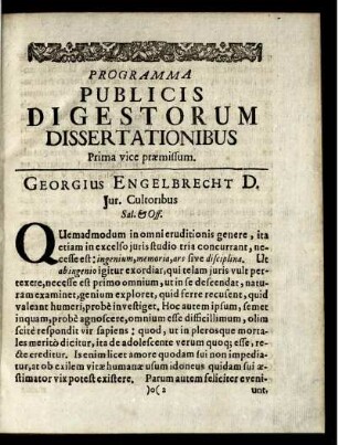Programma Publicis Digestorum Dissertationibus Prima vice praemissum