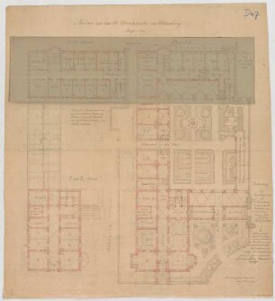 Thiersch, August ; München - Schwabing; Kath. Pfarrkirche St. Ursula - 1. Variante - Grundriss 1. OG, Grundriss 2. OG