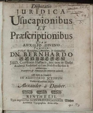Disputatio Iuridica De Usucapionibus Et Praescriptionibus