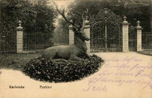 Postkartenalbum mit Motiven von Karlsruhe. "Karlsruhe. Parktor". Hirschplastik im Schlossgarten vor dem Eingang zum Fasanengarten