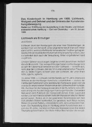 Das Kinderbuch in Hamburg um 1900. Lichtwark, Wolgast und Dehmel und der Umkreis der Kunsterziehungsbewegung : Reden zur Eröffnung der Ausstellung in der Staats- und Universitätsbibliothek Hamburg - Carl von Ossietzky - am 19. Januar 1989