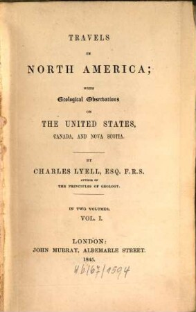 Travels in North America : with geological observations on the United States, Canada and Nova Scotia ; in two volumes, 1