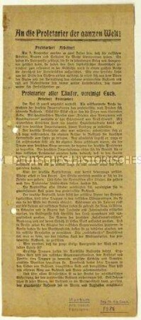 Aufruf der KPD zu einer Demonstration am 7. November 1919 zum Jahrestag der Oktoberrevolution