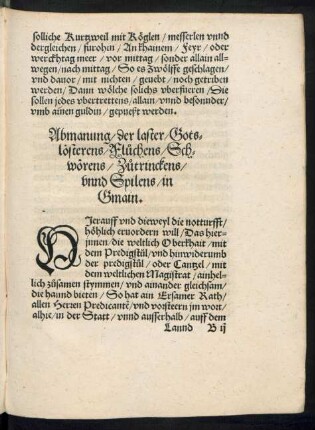 Abmanung/ der laster/ Gotslösterens/ Fluchens/ Schwörens/ Zutrinckens/ unnd Spilens/ in Gmain.
