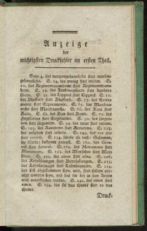 Anzeige der wichtigsten Druckfehler im ersten Theil. - Druckfehler des zweyten Theils.