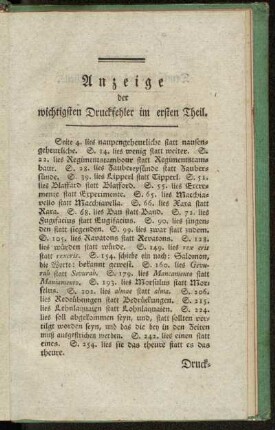 Anzeige der wichtigsten Druckfehler im ersten Theil. - Druckfehler des zweyten Theils.