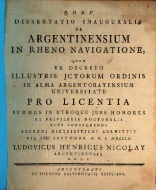 Dissertatio inauguralis De Argentinensium in Rheno navigatione commentatio