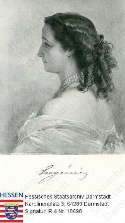 Eugénie Kaiserin v. Frankreich geb. Gräfin v. Montijo und Teba, Herzogin v. Peneranda (1826-1920) / Porträt im rechten Profil, Brustbild, mit faks. Unterschrift