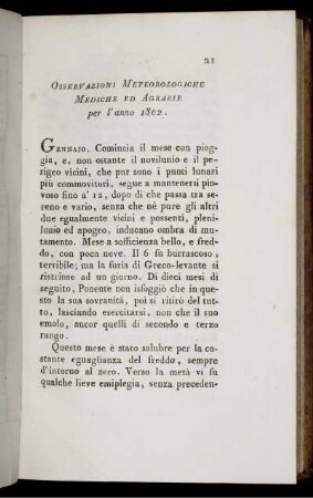 Osservazioni Meteorologiche Mediche Ed Agrarie per l'anno 1802.