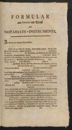 Formular zum Introitu und Schluß eines Notariats-Instruments.