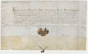 Doge Francesco Erico von Venedig erhebt den Lübecker Herrn Johan Marquard in den Ritterstand [lat].