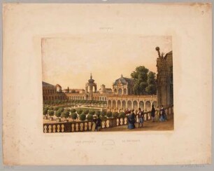 Der Zwinger in Dresden, Blick über die Balustrade der Langgalerie am Wallpavillon auf das Kronentor und die umliegenden Partien nach Süden