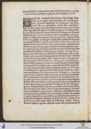 Ioachimus Vadianus Helvetius Rudolfo Agricolae Iuniori Rheto Salutem Dicit