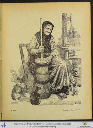 Illustration: Grossmütterchen am Butterfass.
