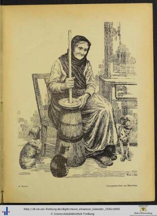 Illustration: Grossmütterchen am Butterfass.