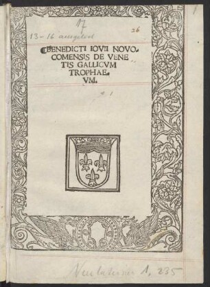 Benedicti Iovii Novo-||comensis De Vene||tis Gallicvm|| Trophae-||vm.
