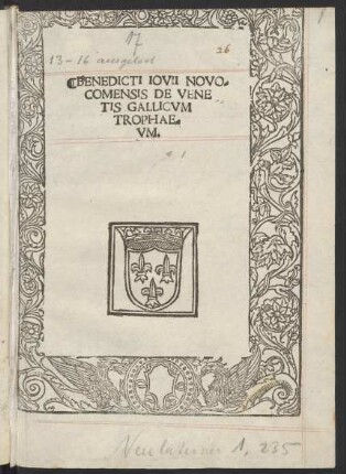 Benedicti Iovii Novo-||comensis De Vene||tis Gallicvm|| Trophae-||vm.