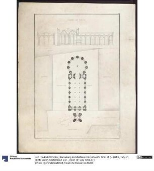 Sammlung architektonischer Entwürfe. Tafel 31 ( = Heft 5, Tafel 31, 1824): Berlin, Spittelmarkt. Entwurf zur Gertraudenkirche. Grundriss, Längs- und Querschnitt