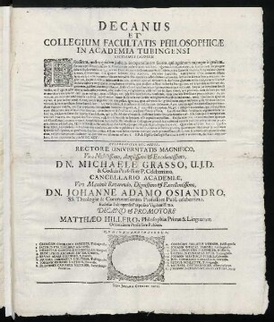 Decanus Et Collegium Facultatis Philosophicae In Academia Tubingensi Lectoribus Salutem