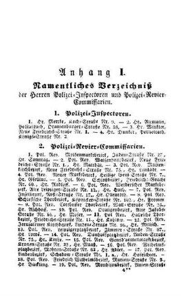 Anhang I. Namentliches Verzeichniß der Herren Polizei-Inspectoren und Polizei-Revier-Commissarien