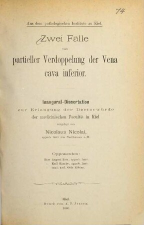 Zwei Fälle von partieller Verdoppelung der Vena cava inferior : Inaugural-Dissertation