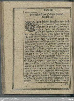 Lebenslauf : Lebenslauff der Seligen Frawen Wigandin