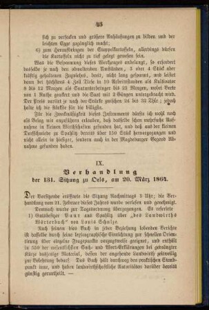 IX. Verhandlung der 131. Sitzung zu Oels, am 20. März 1864