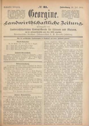 Sechzigster Jahrgang. No. 31. Insterburg, 28. Juli 1892.