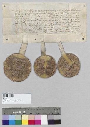 Die Herzöge Heinrich, Otto und Heinrich verpfänden dem Kloster Seligenthal ihren Hof zu Oberlaichling und behalten sich das Recht der Wiederlösung vor. S1: Heinrich, Herzog von Bayern, S2: Otto, Herzog von Bayern, S3: Heinrich, Herzog von Bayern