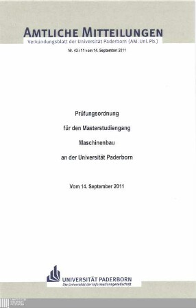 Prüfungsordnung für den Masterstudiengang Maschinenbau an der Universität Paderborn : vom 14. September 2011