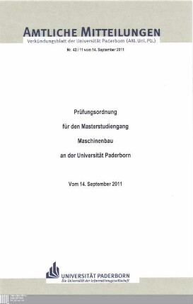 Prüfungsordnung für den Masterstudiengang Maschinenbau an der Universität Paderborn : vom 14. September 2011