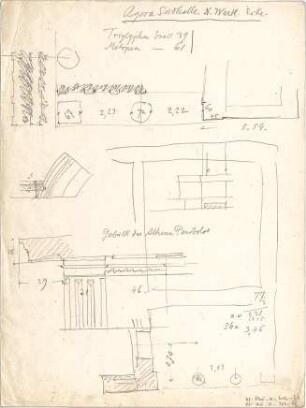 Thiersch, August ; Priene (Türkei); Ausgrabungen - Südhalle der Agora, Nordwestecke (Details), Peribolos, Gebälk des Athenatempels (Details)