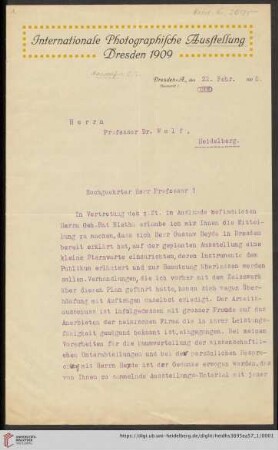 Brief von Internationale Photographische Ausstellung Dresden an Max Wolf: Brief von Internationale Photographische Ausstellung (Dresden) an Max Wolf : mit Antwortentwurf von Max Wolf