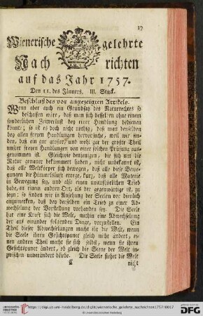 Den 11. des Jänners III. Stück