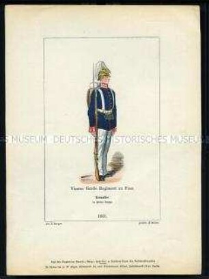 Uniformdarstellung, Grenadier des 4. Garde-Regiments zu Fuß in Parade, Preußen, 1861. Aus: Der Soldatenfreund.