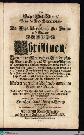 Der Seegen Obed-Edoms Wegen der Lade Gottes ... : erwogen von der Fürstl. Renth-Cammer- auch Rentherey-Bedienten zu Altenburg